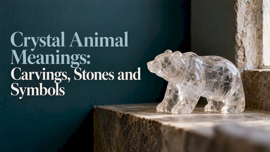 Clear quartz bear carving on display