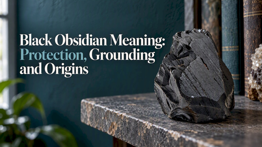 Raw black obsidian on a mineral shelf