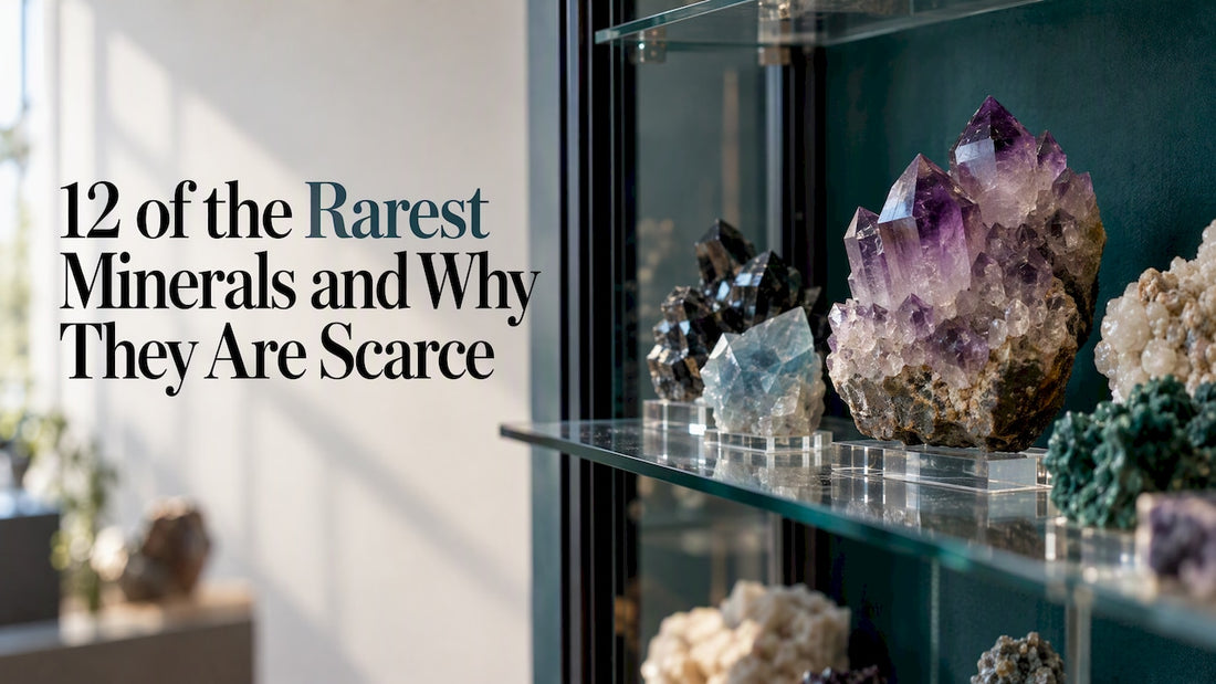 Rare mineral specimens in a collector cabinet
