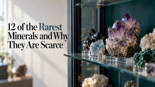 Rare mineral specimens in a collector cabinet