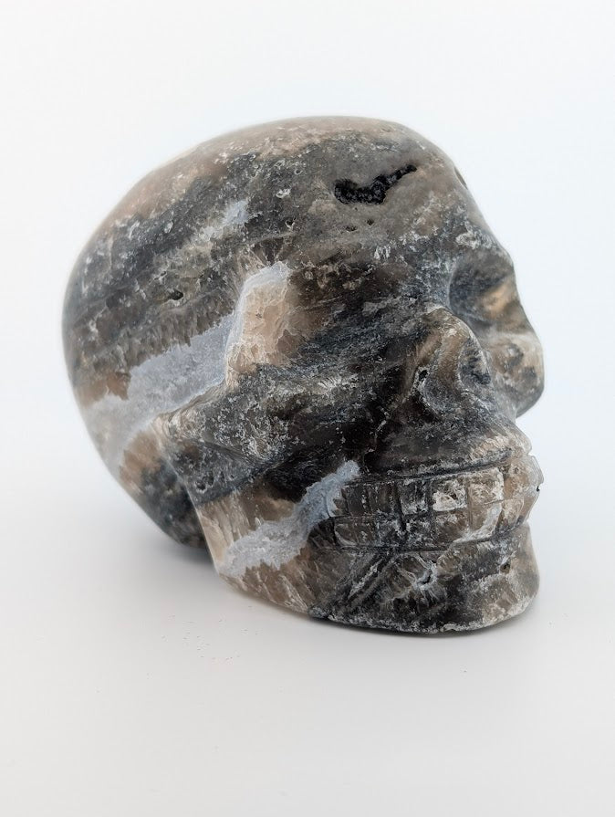 Fluorite and Agate Crystal Skull ~500g banded carving with mixed mineral layers