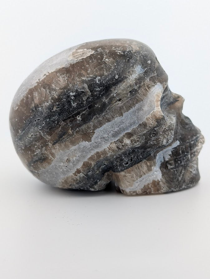 Fluorite and Agate Crystal Skull ~500g banded carving with mixed mineral layers