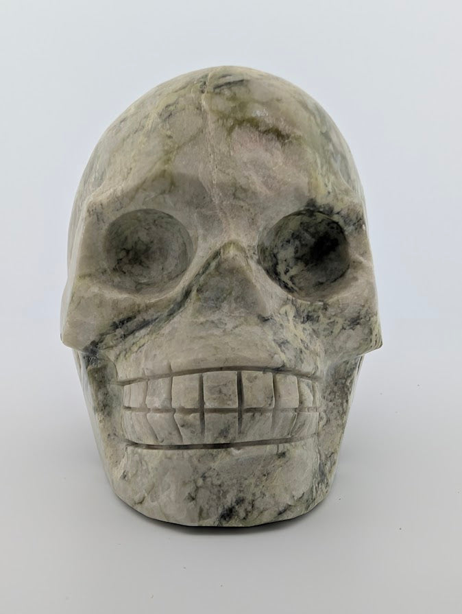 Green and White Jade Crystal Skull ~500g hand-carved jade carving
