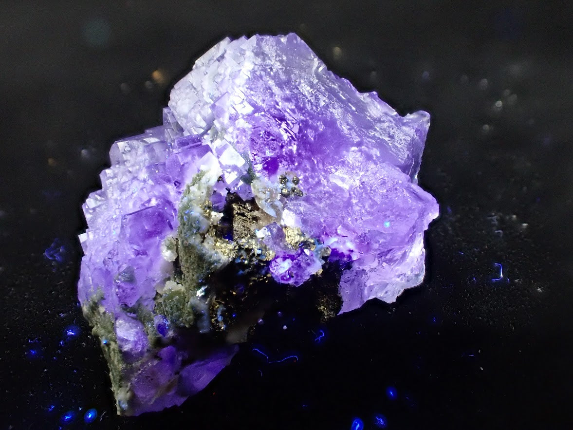 Vivid Purple Yaogangxian (YGX) Fluorite with Golden Pyrite (1″ × 1″ × 1″, 37g) under UV