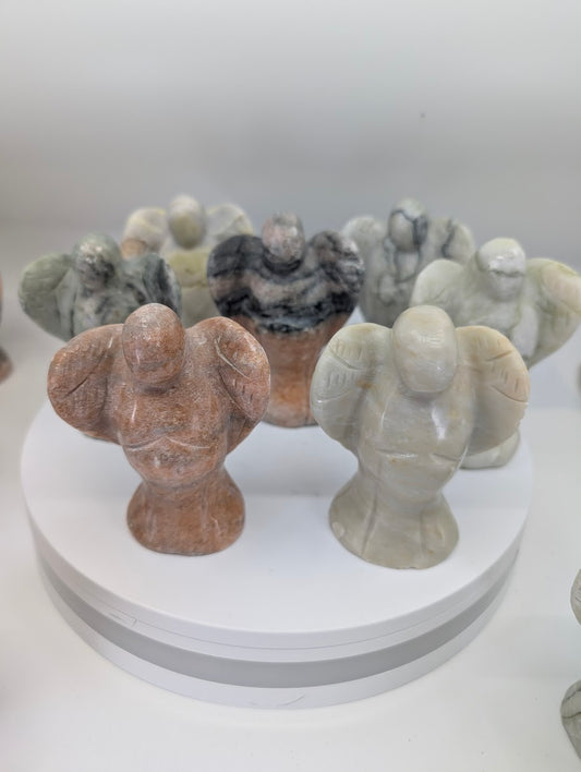 Hand-Carved Jade & Sunstone Angel Carvings (7 Unique Variants)