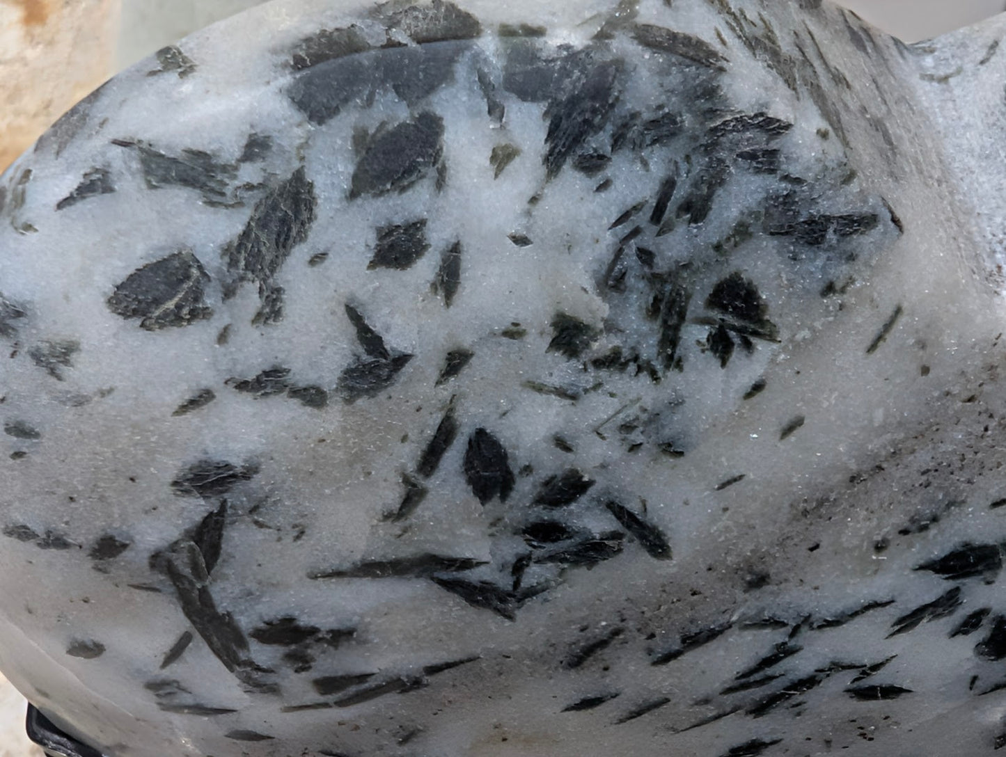 Detailed macro view of forest-green actinolite "hair" suspended within a translucent milky quartz host.
