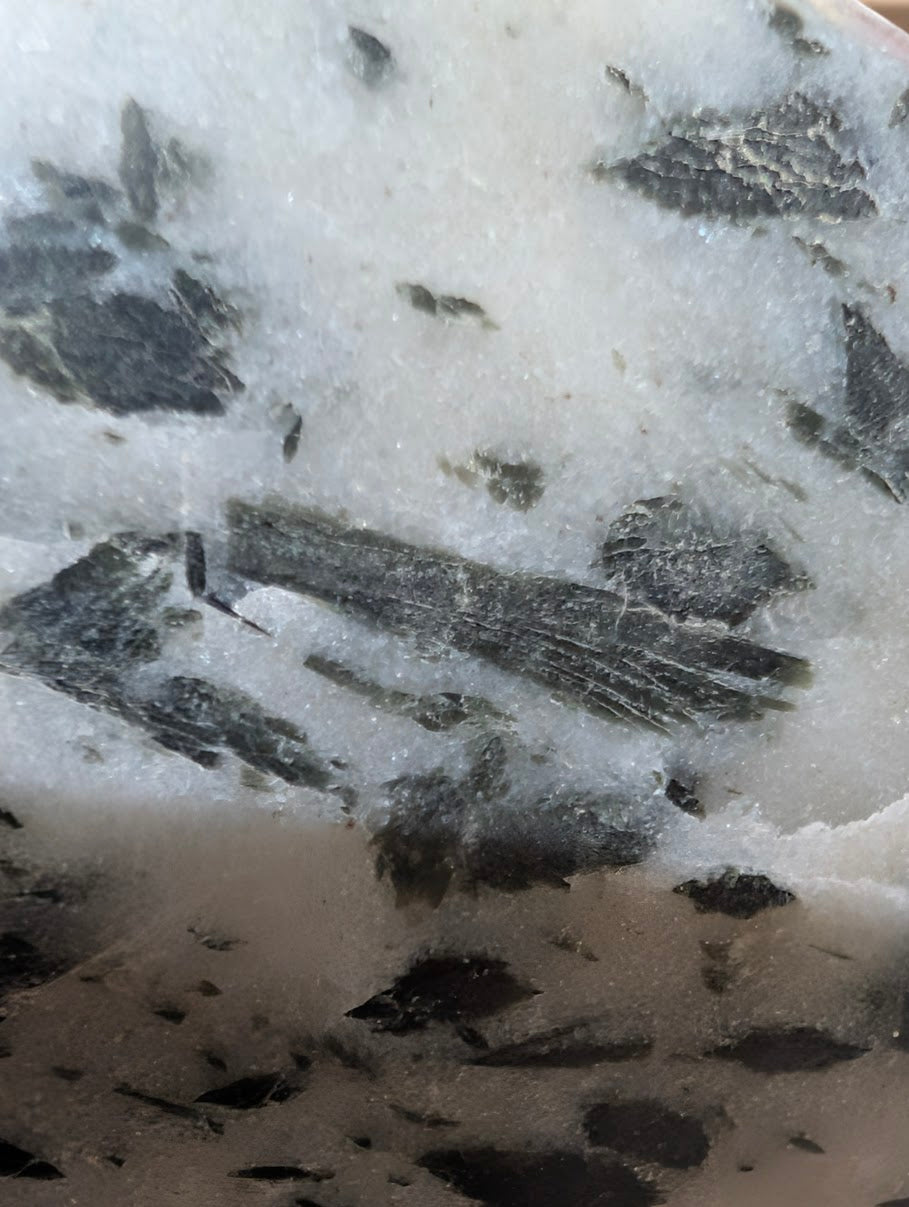 Detailed macro view of forest-green actinolite "hair" suspended within a translucent milky quartz host.