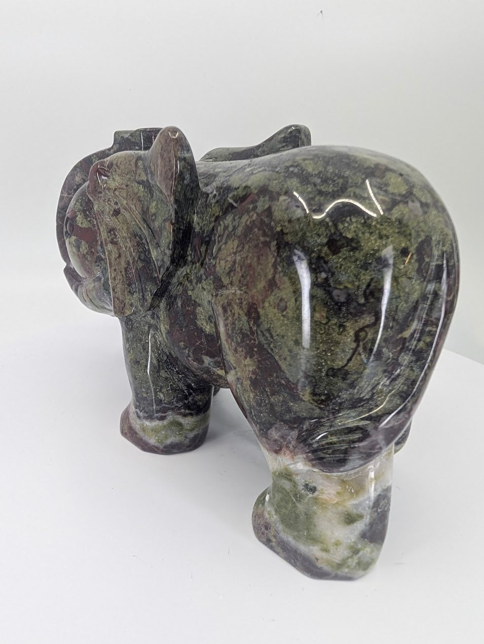African Bloodstone elephant carving, back angled view