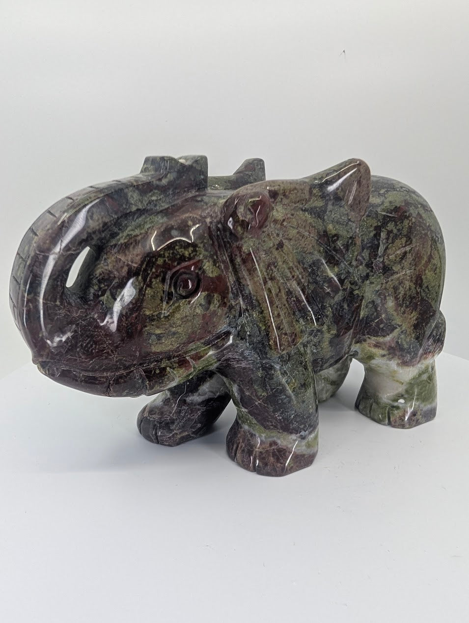 African Bloodstone elephant carving, 1.26 kg, front view