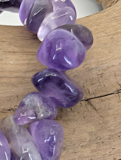 Close-up of Amethyst chips highlighting the irregular natural forms and high-clarity violet quartz.