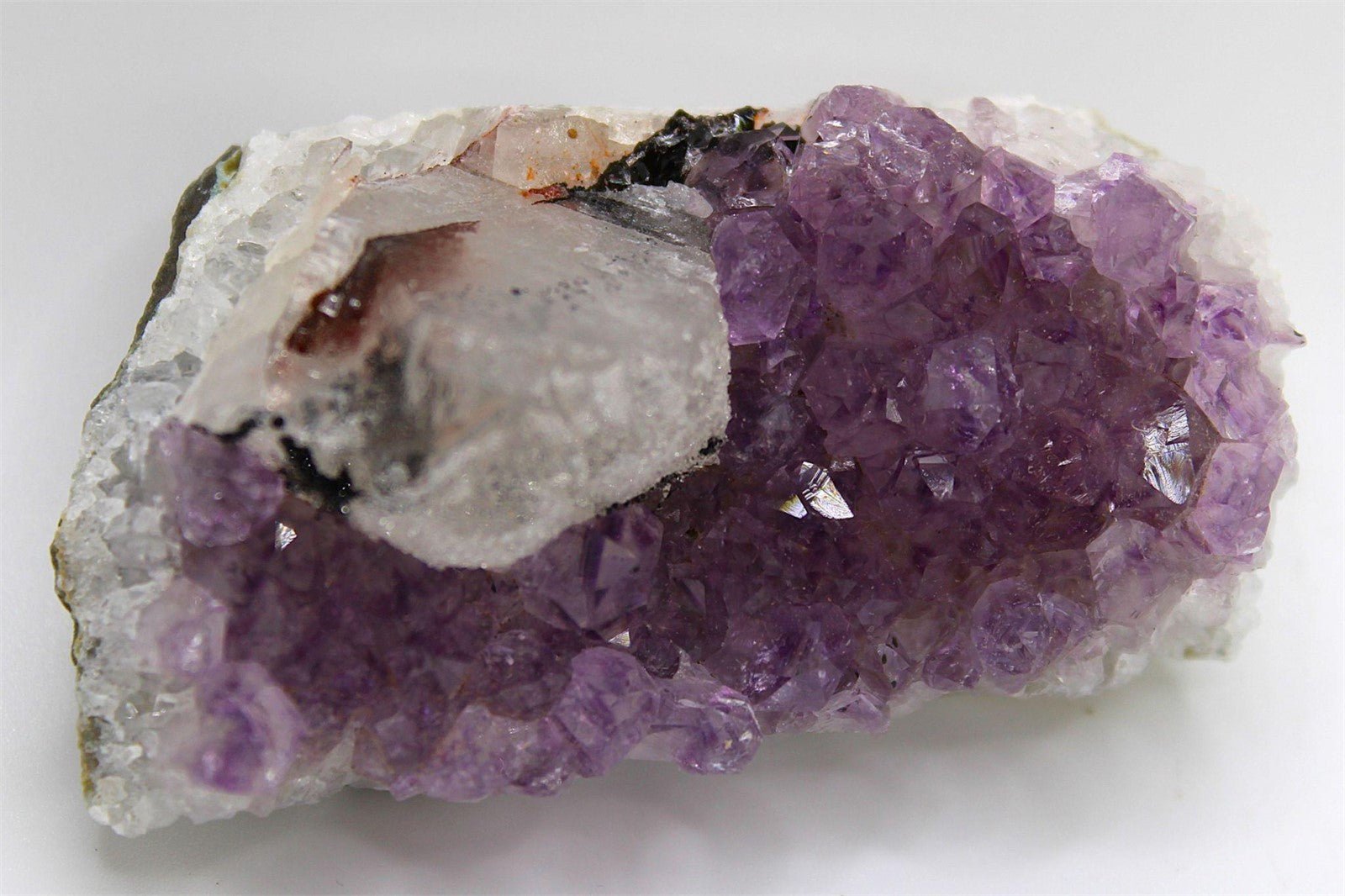 Amethyst Crystal Cluster with Sugar Calcite formation, from Brazil. Approx. 6 cm x 3.5 cm - Legacy Crystals and Minerals