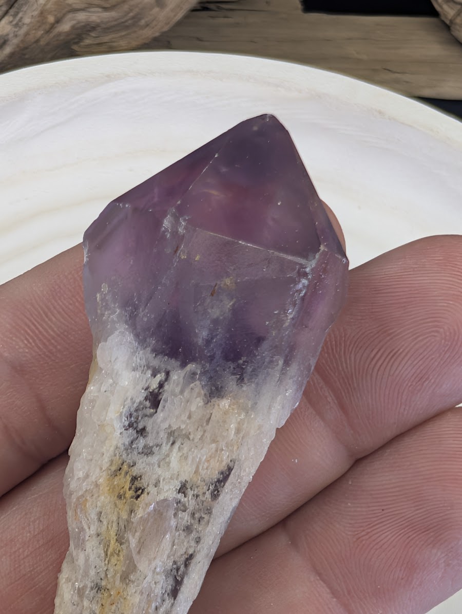 Close-up of a saturated purple Amethyst tooth termination held in hand, showing natural crystal facets and internal clarity.