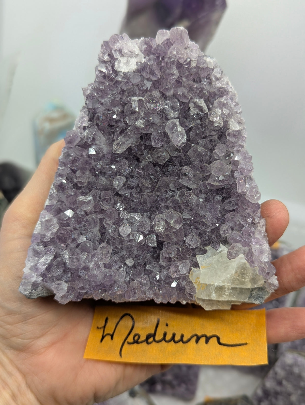 Natural Amethyst cut base vug in Medium held in hand, displaying deep purple quartz crystals with a prominent secondary calcite mineral inclusion on a basalt matrix.