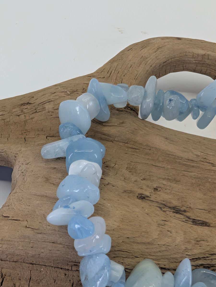 Close-up of Aquamarine chips highlighting the natural irregular forms and semi-translucent blue beryl fragments.