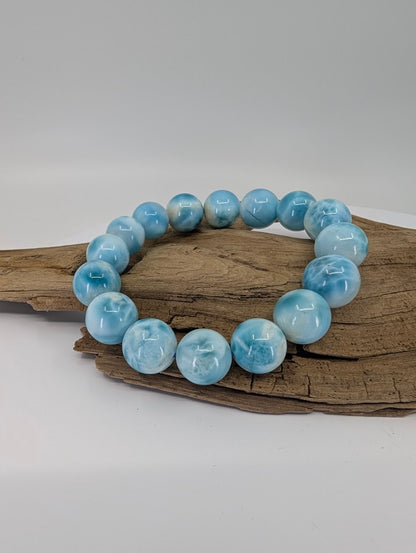 Natural Larimar bracelet 13.5mm AA+ grade premium Dominican Larimar bead pattern