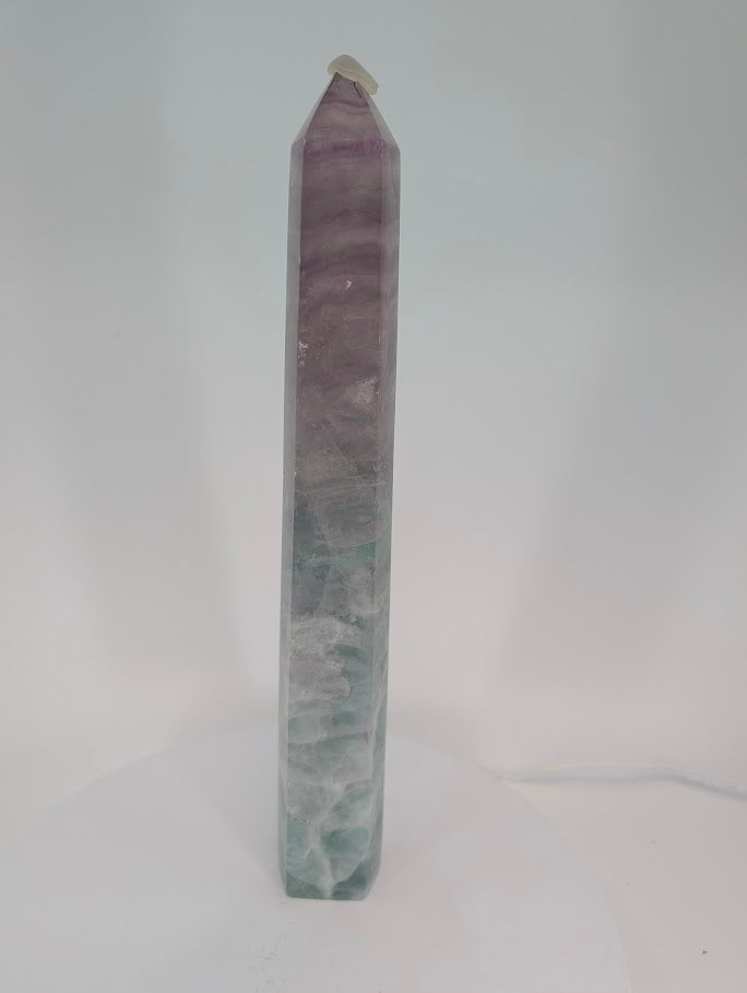 banded Fluorite tower – angled side showing translucency