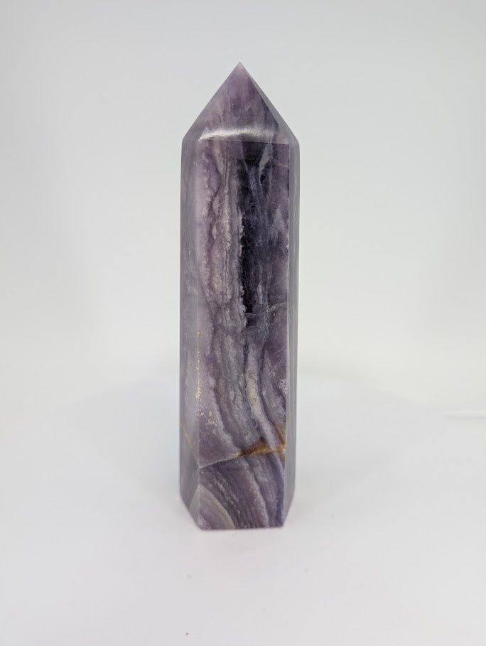 Banded Purple Fluorite tower – full front view, 16 cm tall
