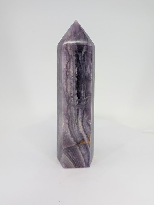 Banded Purple Fluorite tower – full front view, 16 cm tall