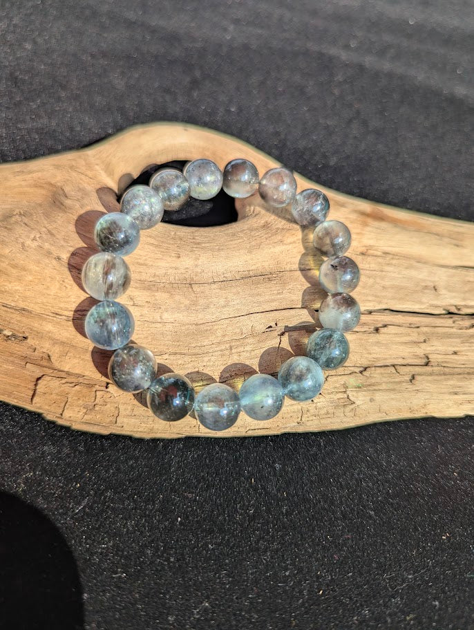 Intuitively selected 13mm AAA Grade Brazilian Black Devil Aquamarine beaded stretch bracelet resting on driftwood, showcasing large collector-grade spheres.