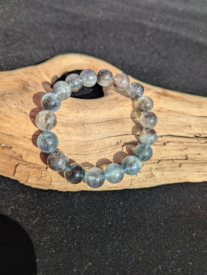 Intuitively selected 13mm AAA Grade Brazilian Black Devil Aquamarine beaded stretch bracelet resting on driftwood, showcasing large collector-grade spheres.