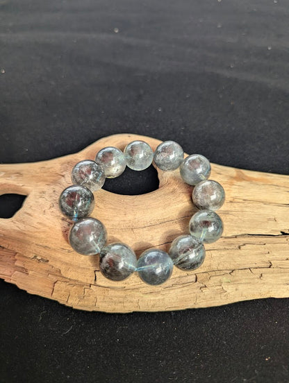 Intuitively selected 17mm statement AAA Museum Grade Brazilian Girasol Black Devil Aquamarine beaded stretch bracelet resting on driftwood.