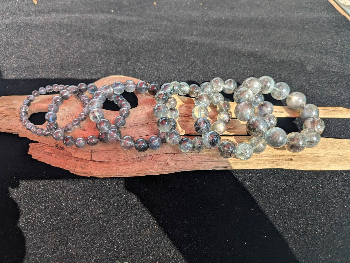 Suite of intuitively selected AAA Grade Brazilian Girasol Black Devil Aquamarine beaded stretch bracelets displayed side-by-side on driftwood across calibrated sizes from 7mm to 17mm.
