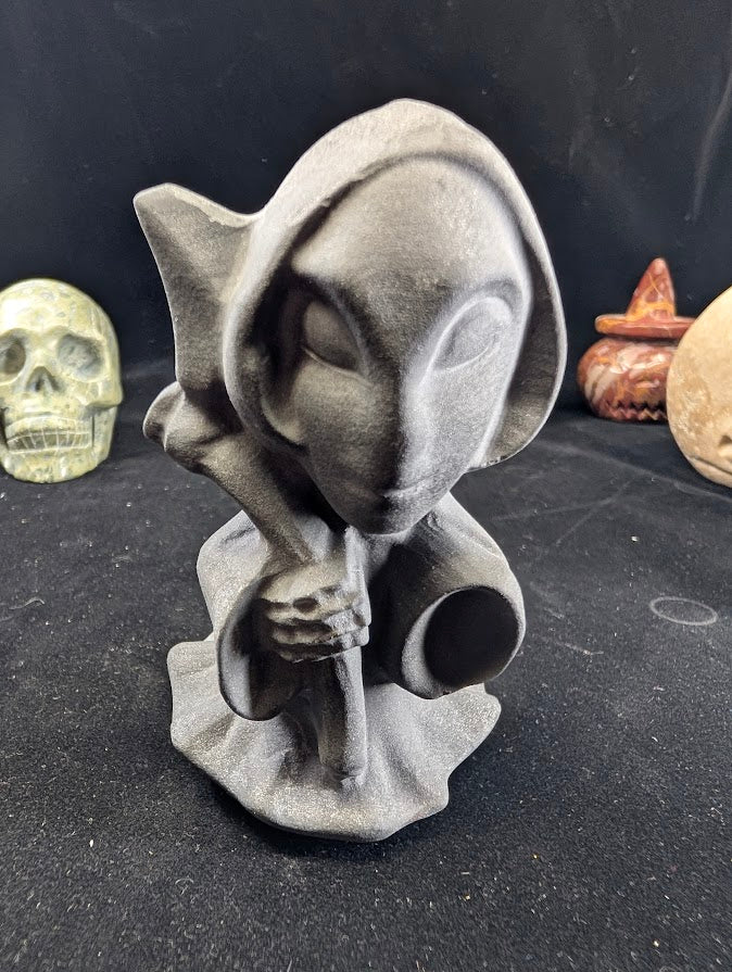 Black Obsidian Death carving with face variant - front view