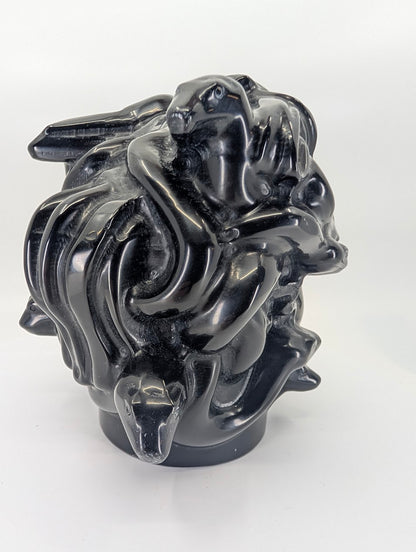 Right-angle view of polished obsidian Medusa sculpture