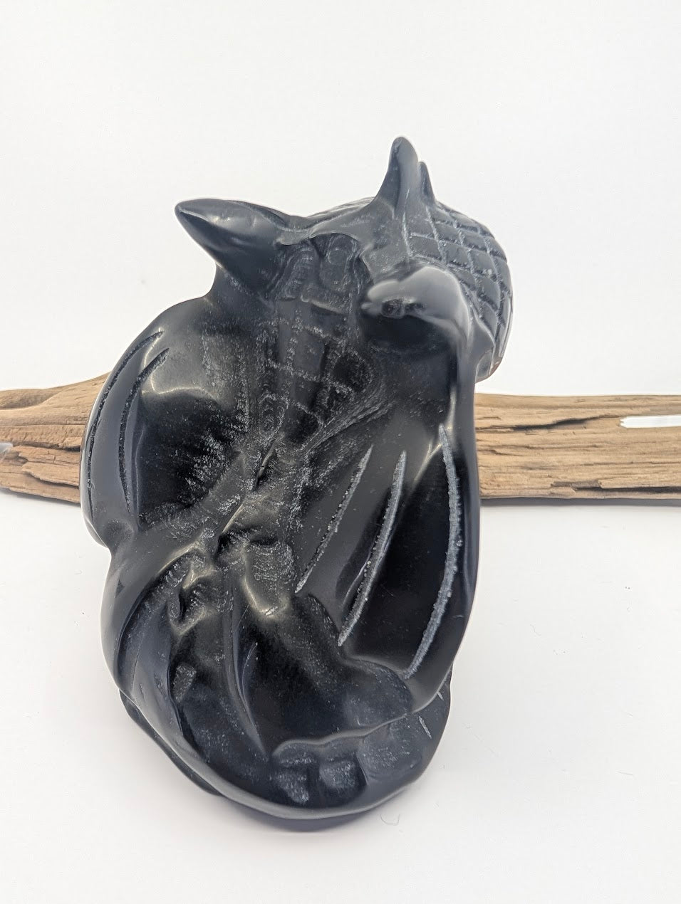 Top-down view of the Obsidian specimen displaying the etched scale patterns and volcanic glass texture.