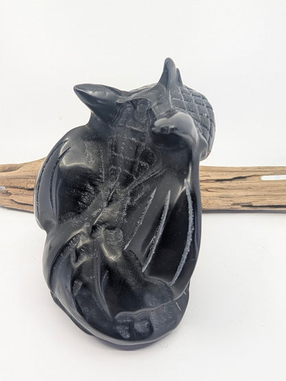 Top-down view of the Obsidian specimen displaying the etched scale patterns and volcanic glass texture.