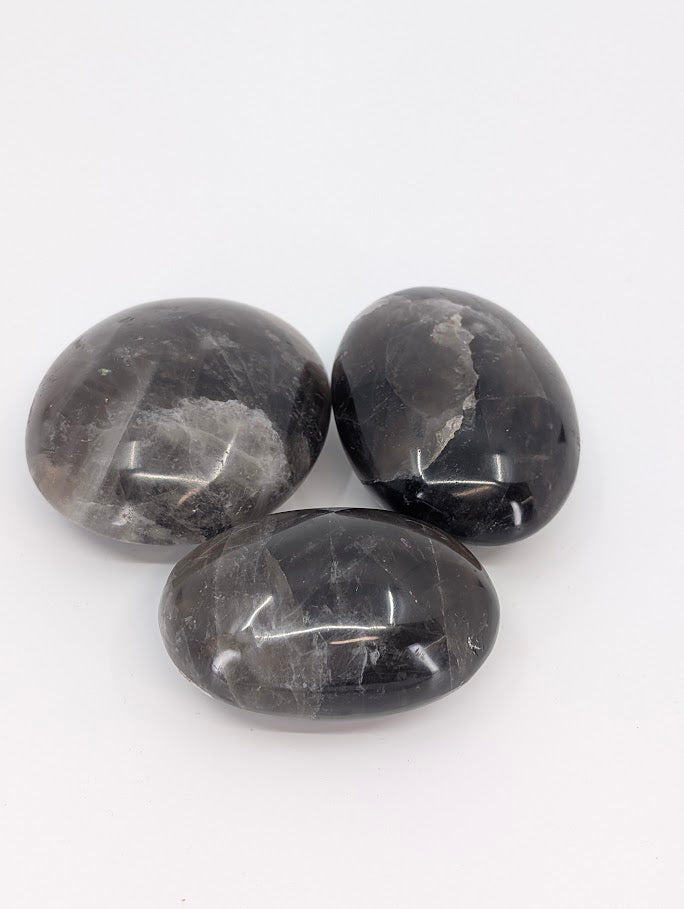 Black Rose Quartz palm stones, smoky-rose translucence