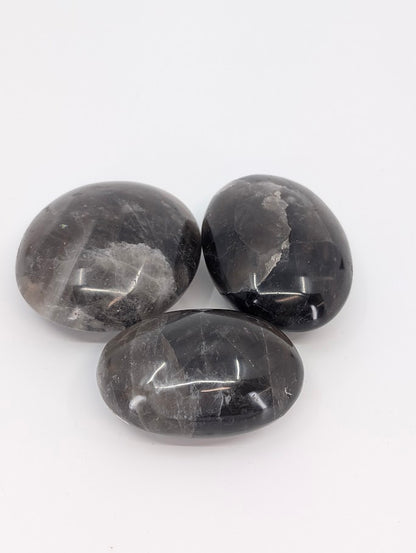Black Rose Quartz palm stones, smoky-rose translucence
