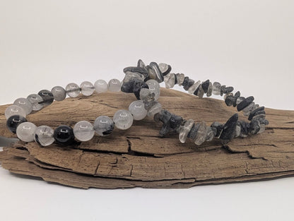 Black Rutile Quartz / Tourmalinated Quartz Bracelets – Chip & 8mm Beads - Legacy Crystals and Minerals
