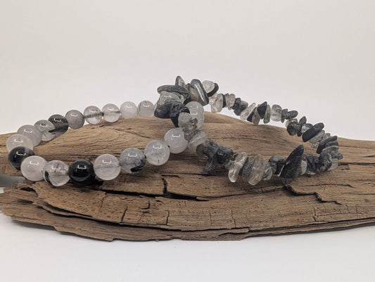 Black Rutile Quartz / Tourmalinated Quartz Bracelets – Chip & 8mm Beads - Legacy Crystals and Minerals