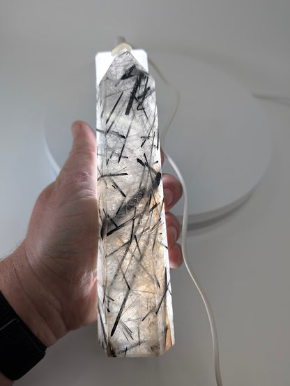 Backlit Black Tourmaline in Quartz showing clarity and depth