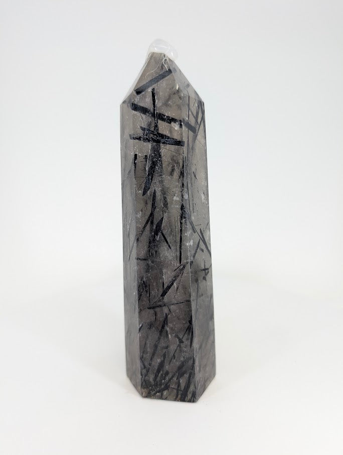 Black Tourmaline in Quartz tower from Brazil – front view