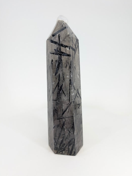 Black Tourmaline in Quartz tower from Brazil – front view