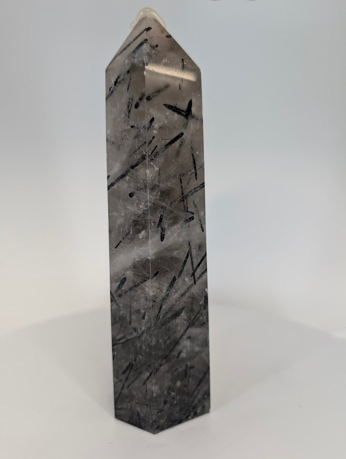 Black Tourmaline in Quartz tower showing needle inclusions
