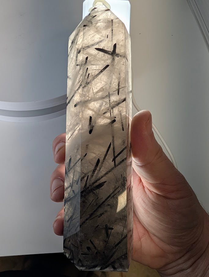 Backlit Black Tourmaline in Quartz showing clarity and structure