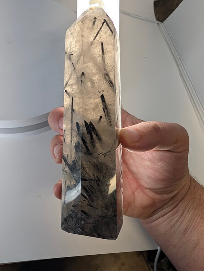 Backlit Black Tourmaline in Quartz showing clarity and structure