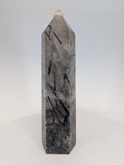 Black Tourmaline in Quartz tower from Brazil – front view