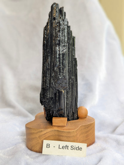 Left Side profile of 435g raw Black Tourmaline tower displaying natural crystal habit.