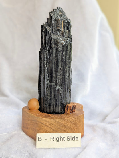 Right side profile of 435g raw Black Tourmaline tower displaying natural crystal habit.