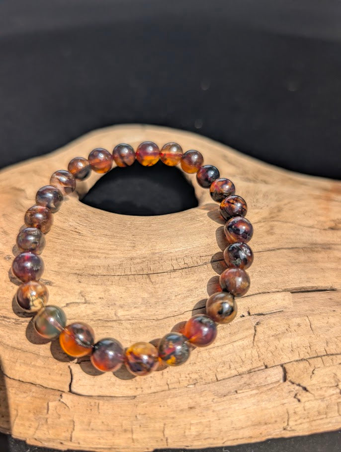 A 7mm Mexican Blue Amber beaded bracelet displaying deep, warm amber tones in natural sunlight on a piece of driftwood.