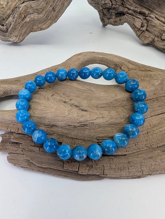 8mm Blue Apatite beaded bracelet with high-saturation neon blue stones displayed on natural driftwood.