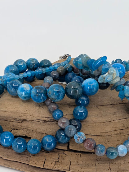 Overview of Blue Apatite bracelet collection including 3 mm, 5 mm, 8 mm, 10 mm, and chip styles from Madagascar