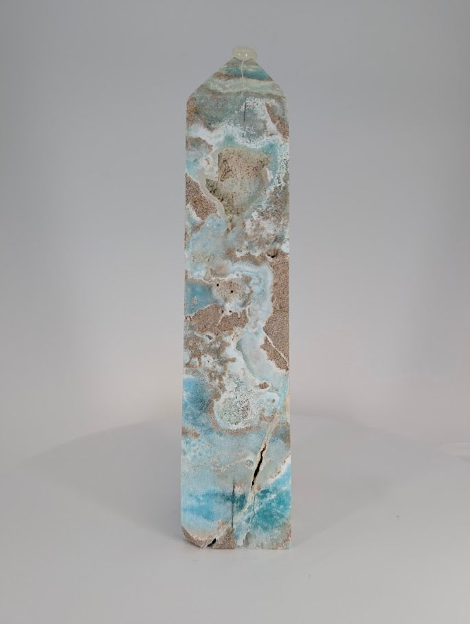 Blue Aragonite (Caribbean Calcite) Tower – rear perspective showing textural banding and matrix patterns