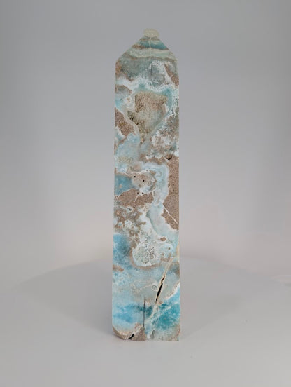 Blue Aragonite (Caribbean Calcite) Tower – rear perspective showing textural banding and matrix patterns