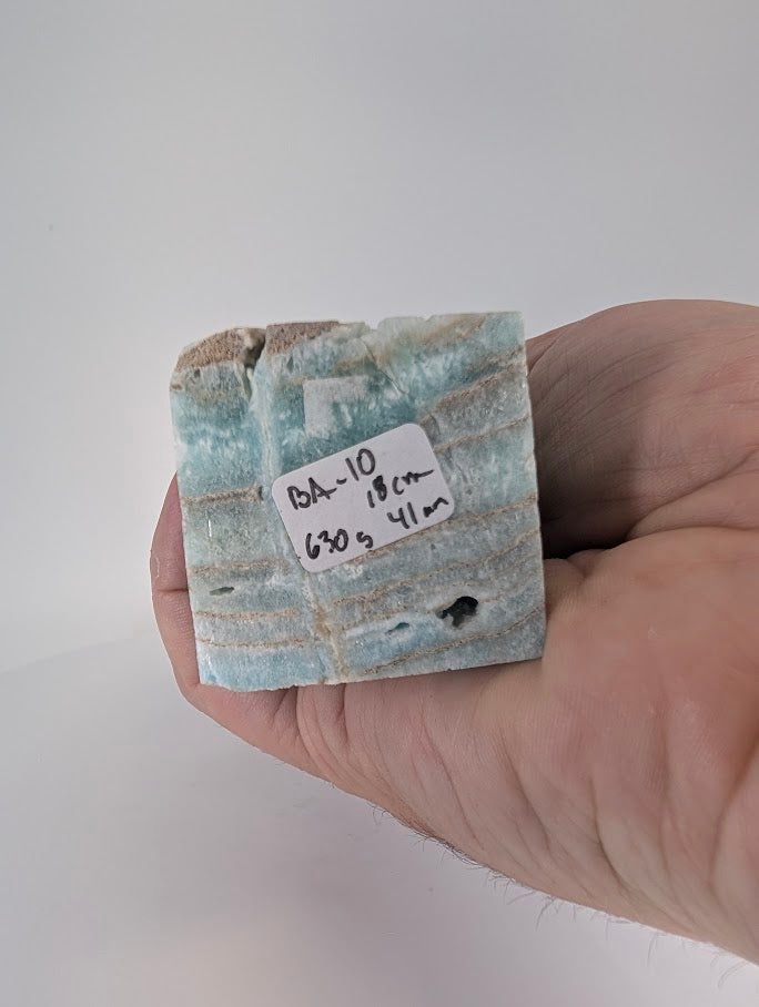 Blue Aragonite (Caribbean Calcite) Tower – base view showing dimensions and polished structure