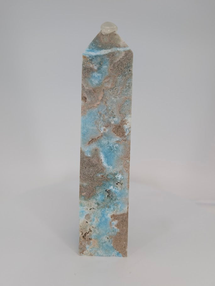 Blue Aragonite tower – full front view, 17.5 cm tall